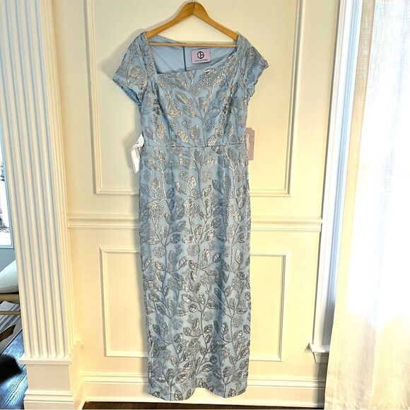 JS Collections Julia Cap Sleeve Column Gown Silver Sequins Light Blue, 12, NWT - Picture 7 of 13